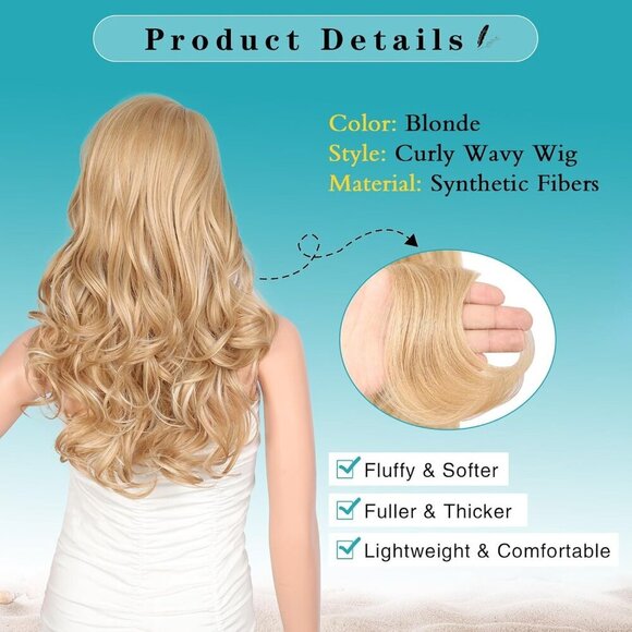 Blonde Wig With Bangs Long Blonde Curly Wigs for Women Heat Resistant Synthetic - Picture 5 of 7